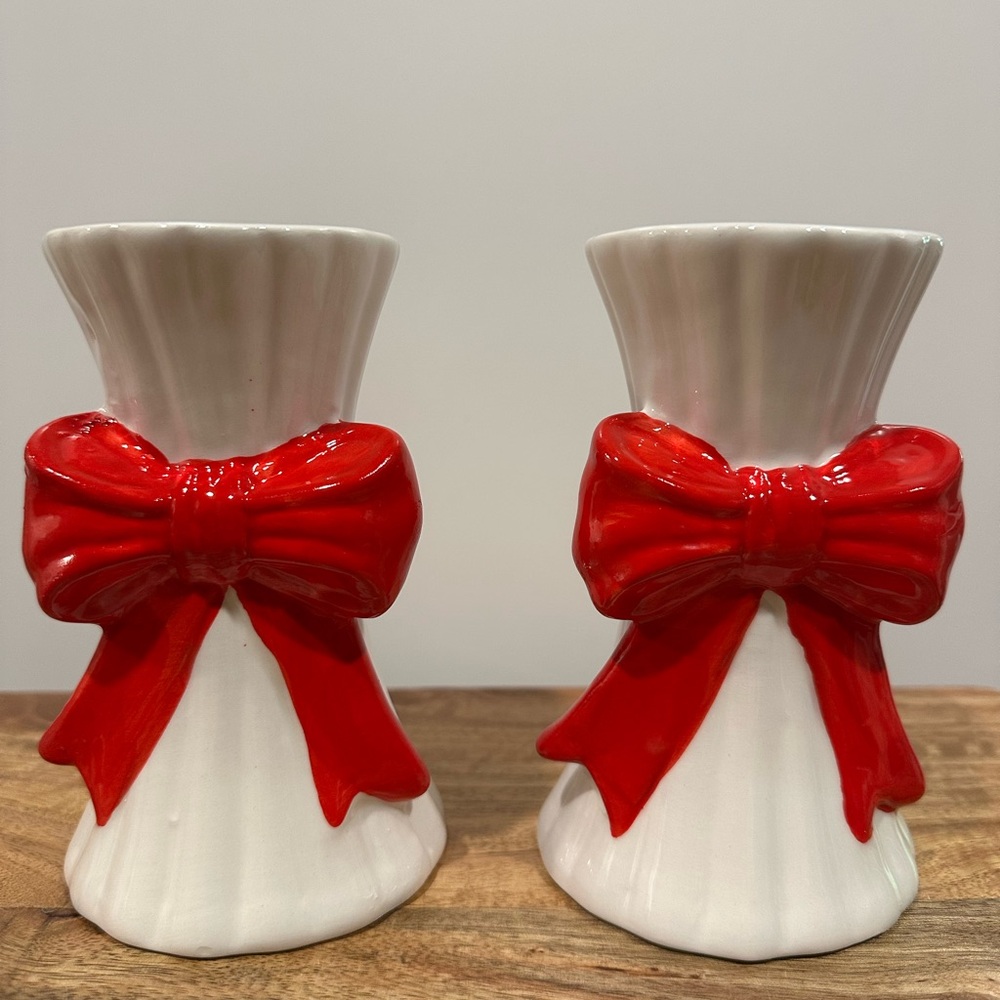 White Ceramic Christmas Taper Candle Holder with Bow, 5.5", by Holiday Time - Picture 3 of 4